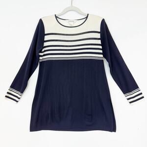Exclusively Misook Long Sleeve Knit Top Lightweight Sweater Navy & Cream Small